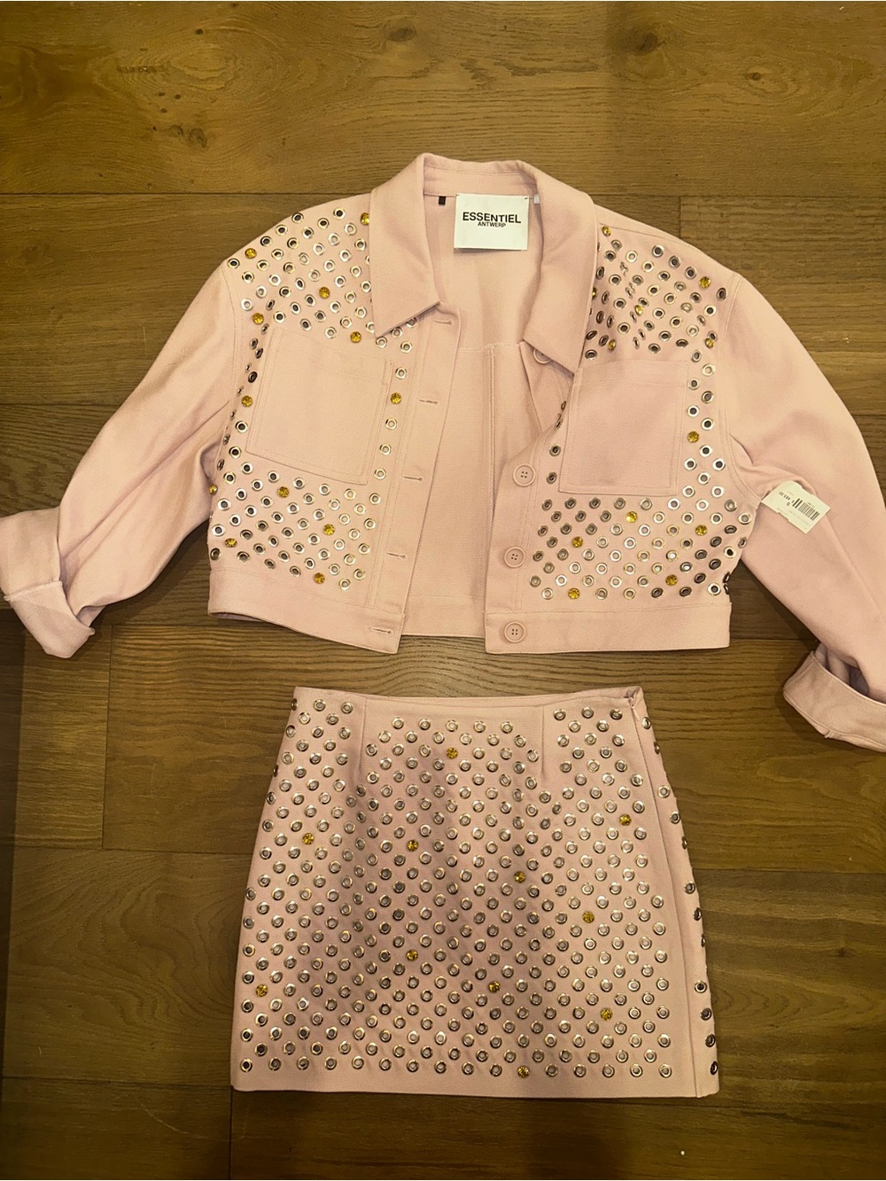 Essentiel Pale Pink Studded Cropped Jean Jacket